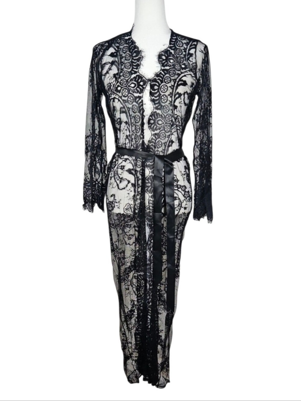 Black Lace Long Sleeve Sheer Maxi Robe Sleepwear Satin Belt Sexy Intimates, M